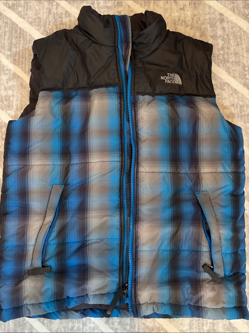 The North Face Blue and Gray Plaid Insulated Vest